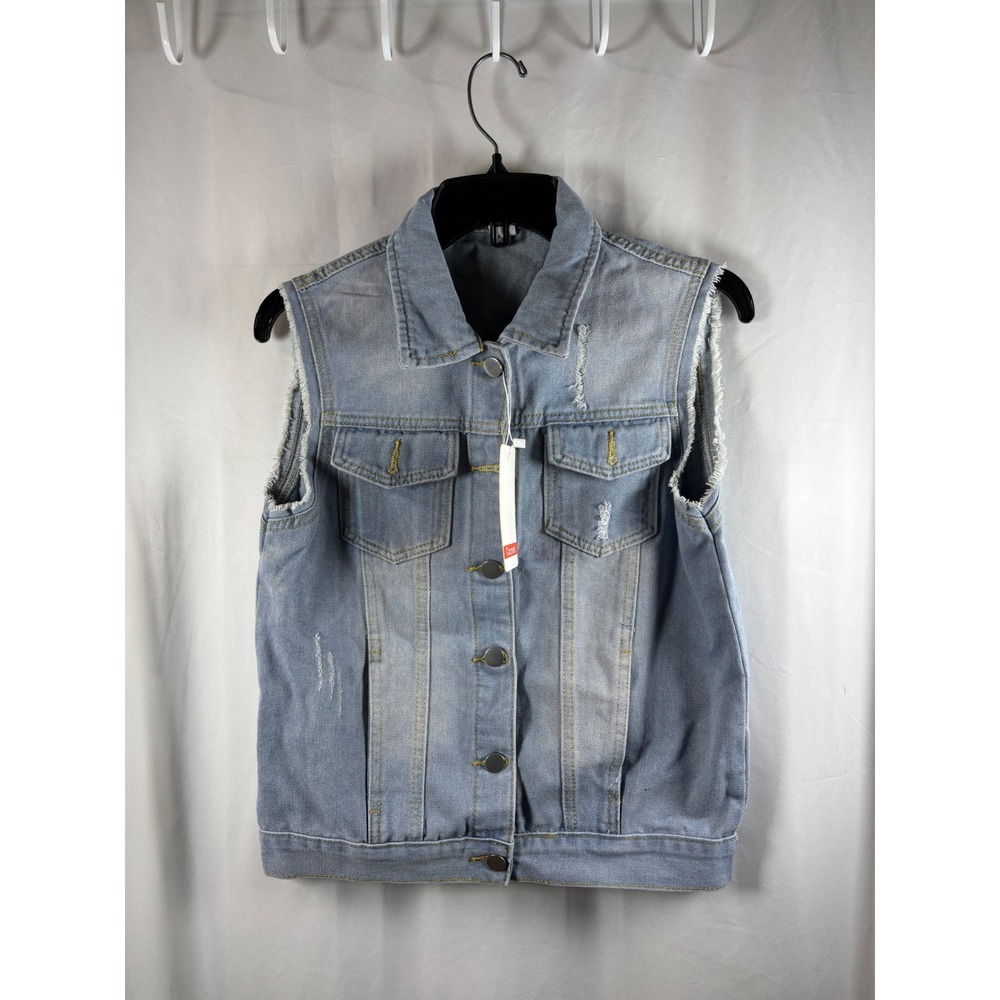 Current Women's Distressed Light Wash Denim Vest Frayed Sleeveless L‎ NWT